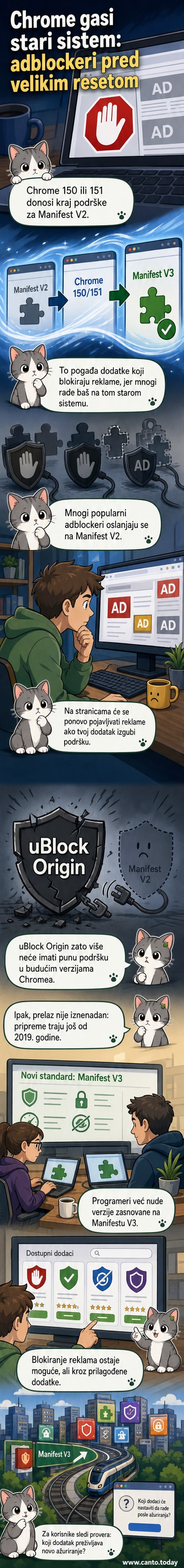 Илустровани приказ блокиране рекламе у веб прегледачу Chrome са иконицом uBlock Origin.