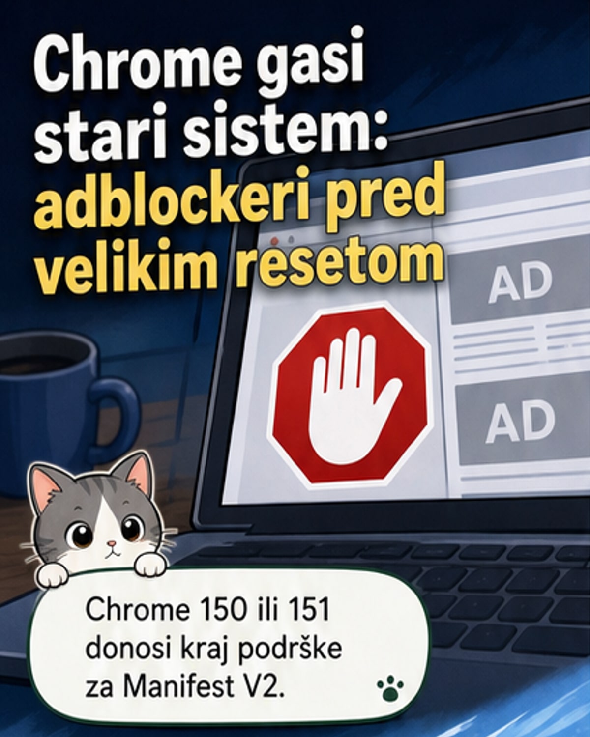 Илустровани приказ блокиране рекламе у веб прегледачу Chrome са иконицом uBlock Origin.