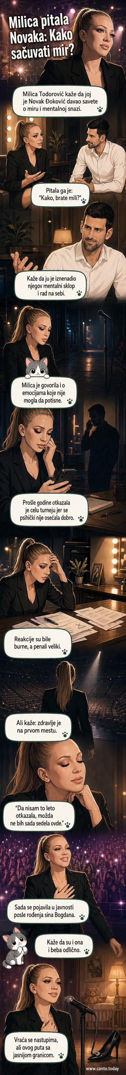 Певачица Милица Тодоровић у црном оделу, осмехнута, са микрофоном у руци, на сцени током концерта.