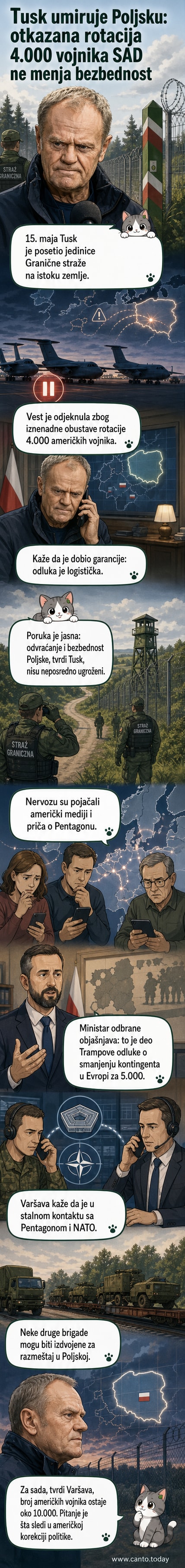Премијер Пољске Доналд Туск говори пред медијима током посете граничној тачки на истоку земље, са флагом Пољске у позадини.