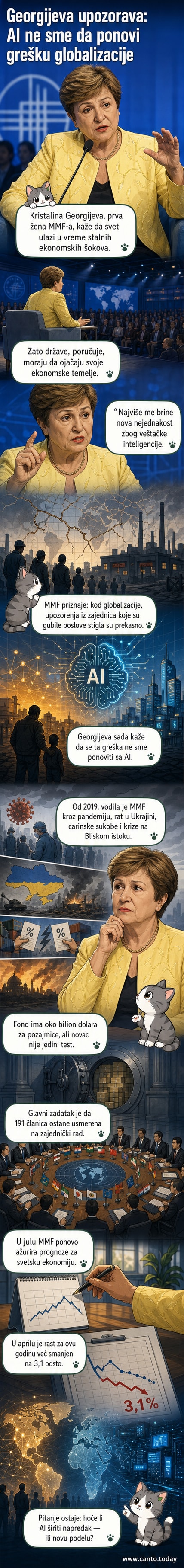 Ilustracija Kristaline Georgijeve, direktorke MMF-a, kako stoji ispred grafičkog prikaza koji prikazuje rast veštačke inteligencije i podelu bogatstva.