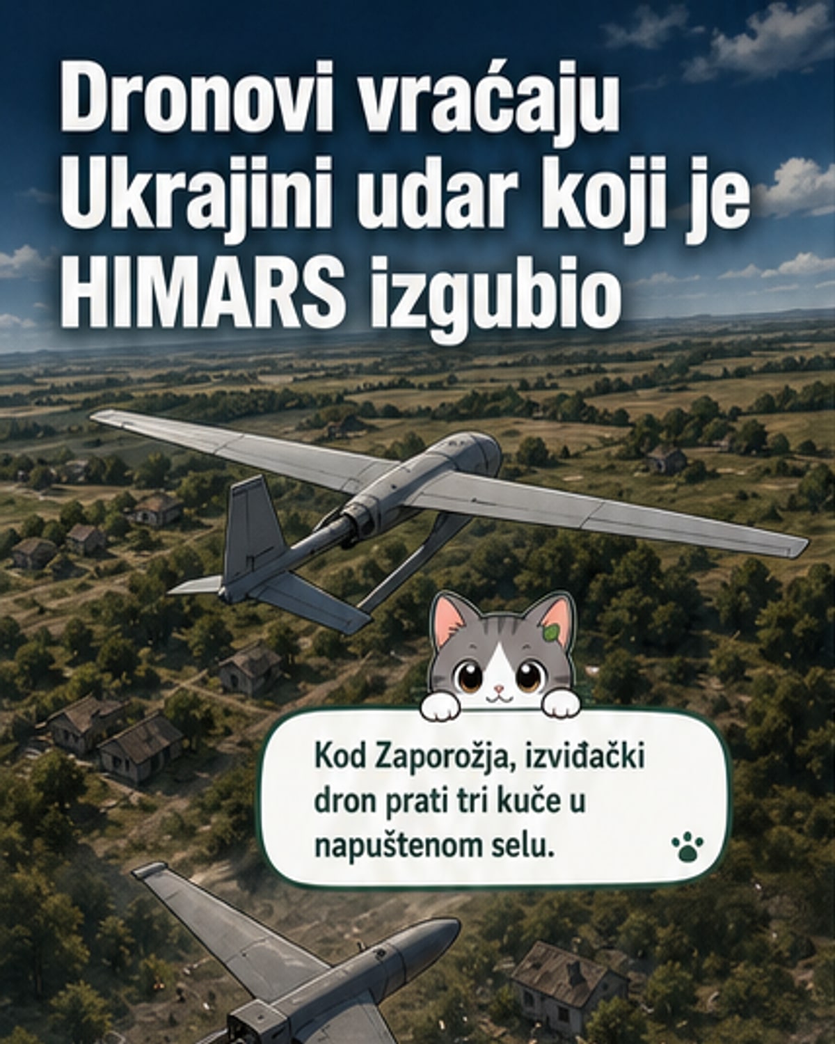 Илустрација украјинског дрона средњег домета у лету изнад поља, са циљем на кући испод, док избија експлозија на крову.