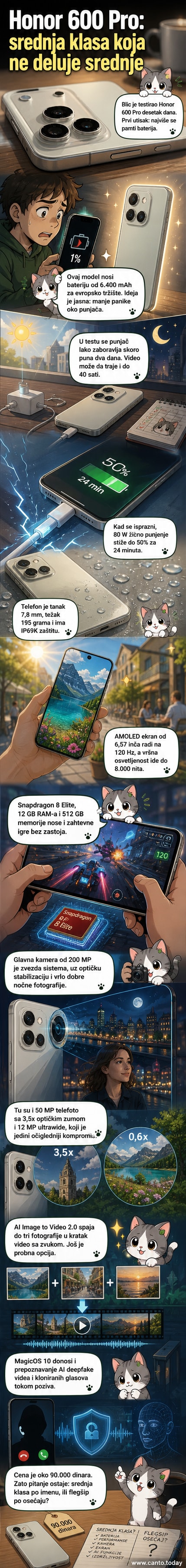 Поглед са стране телефона Honor 600 Pro у црној боји, са истакнутом батеријом од 6.400 mAh и троструким системом камера на леђима.