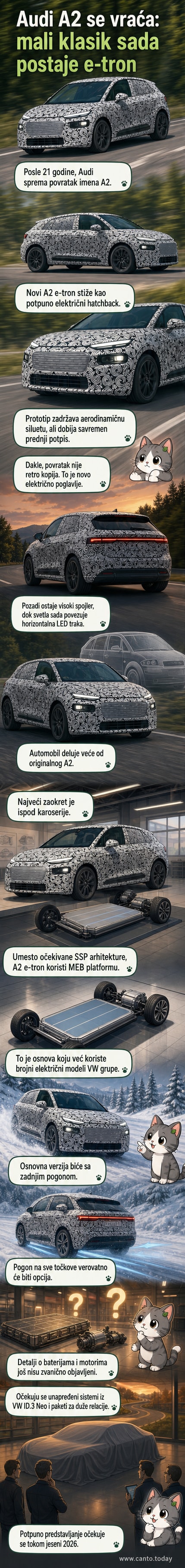 Камуфлирани прототип Ауди А2 e-tron у тестирању на снегу, са видљивим светлосним детаљима и високим спојлером.