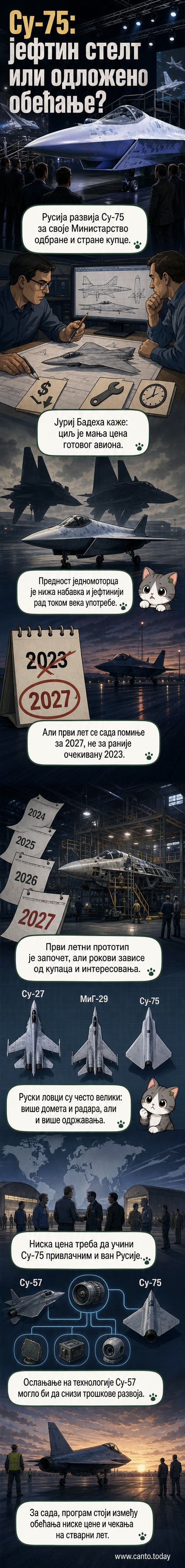 Илустровани концепт руског стелт ловца Су-75 у лету изнад руске базе, са сенком на тлу и радарским екранима у позадини.