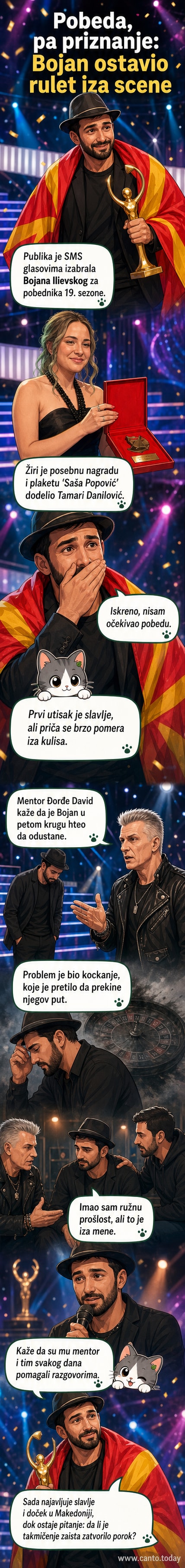Победник Звезда Гранда Бојан Илиевски на бини са трофејем, док његов ментор говори о његовом путу кроз такмичење и борби са зависношћу.