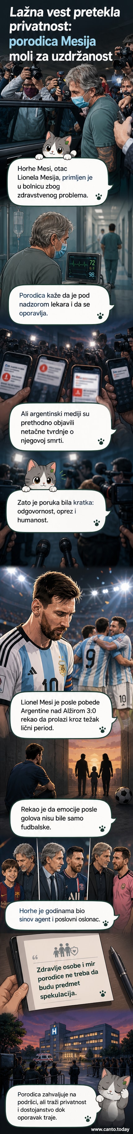 Црно-бела слика Лионела Месија како се моли на терену, са текстом 'Месијев отац у болници'