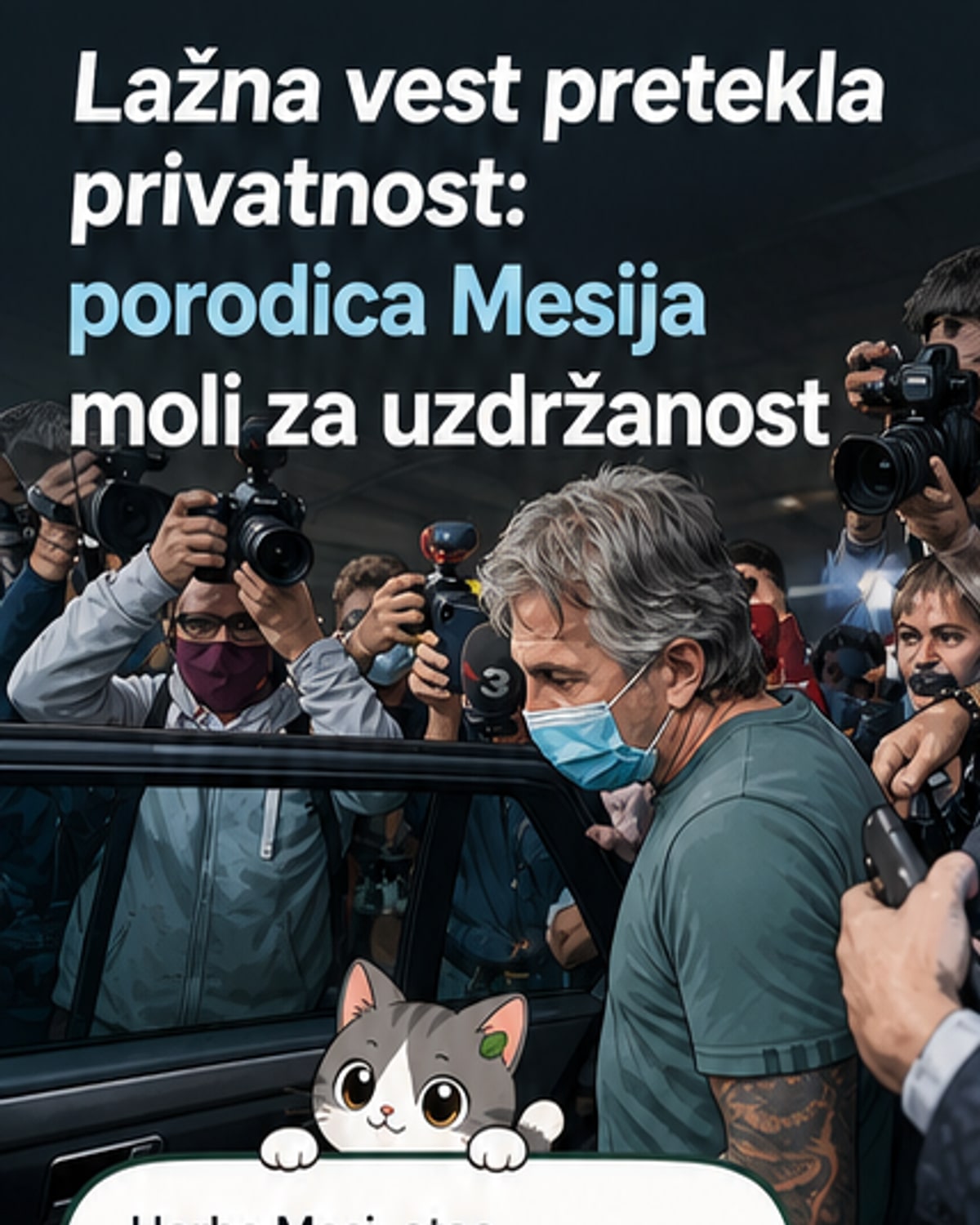Црно-бела слика Лионела Месија како се моли на терену, са текстом 'Месијев отац у болници'