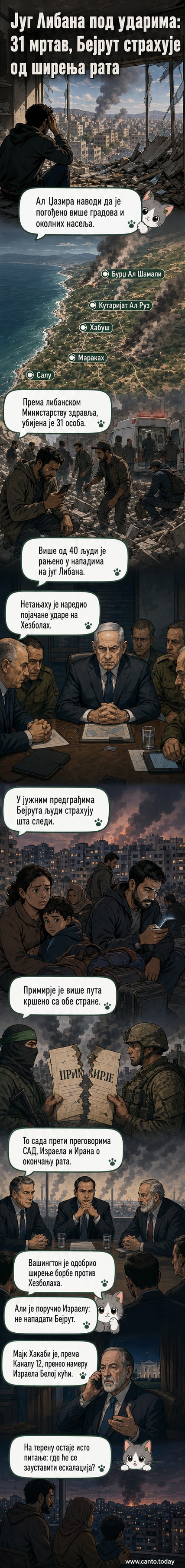 Мапа јужног Либана са означеним локацијама бомбардовања и бројем погинулих и рањених.