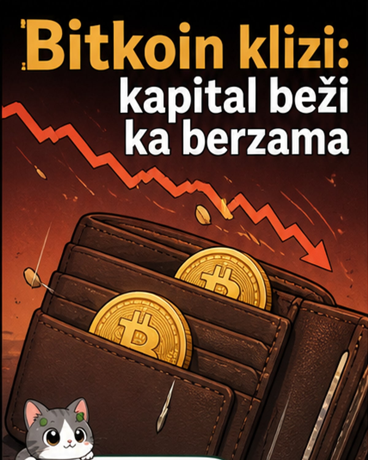 Илустрација биткоин новчића који пада испод линије тренда, са фоном графика падајућих цена и симбола долара.