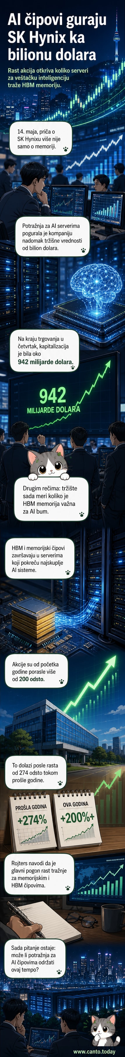 Илустровани приказ SK Hynix логотипа на позадини светлосних трагова који симболизују податке и вештачку интелигенцију, са графиконом који показује експоненцијални раст акција.