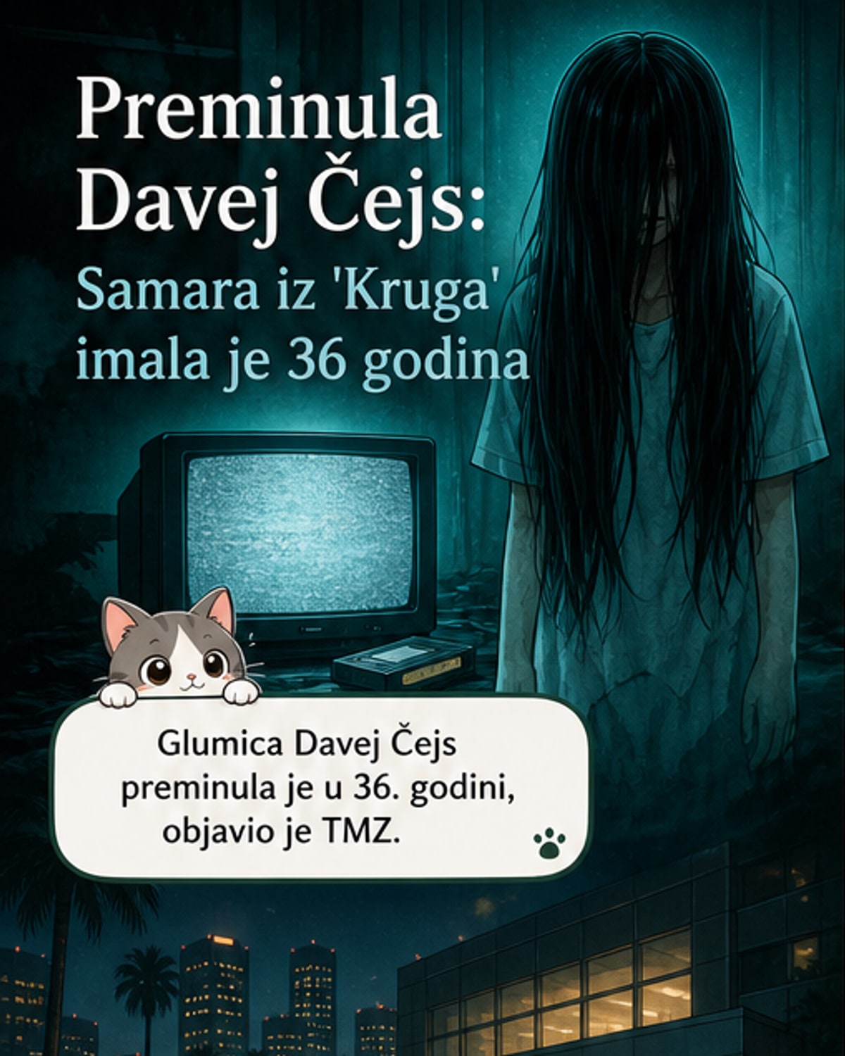 Crno-bela fotografija mlade glumice Davej Čejs u ulozi Samare Morgan iz filma 'Krug', sa dugom kosom koja prekriva lice.