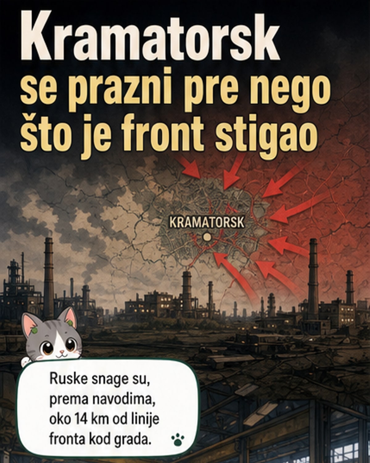Илустративна слика: фабричке машине се утоварују на камионе у Краматорску док се небо над градом мрачи од дима и напетости.