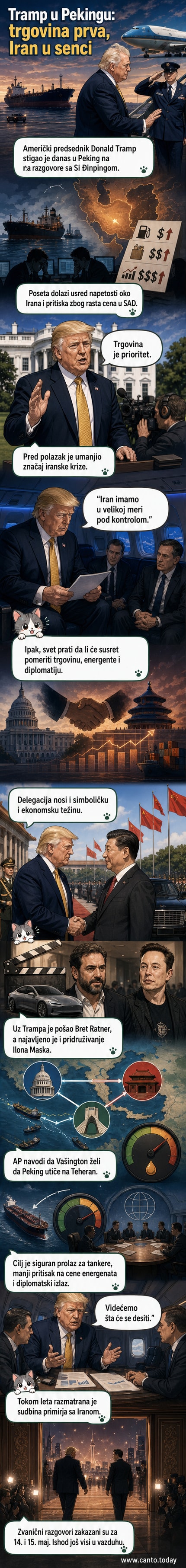 Доналд Трамп излази из авиона у Пекингу, док га прате чланови делегације и новинари. У позадини је кинеска застава и делегати у формалној одећи.