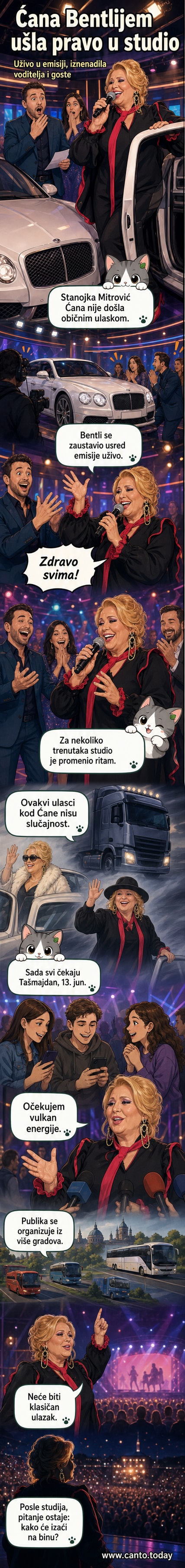 Певачица Ћана излази из луксузног Бентлија унутар телевизијског студија, окруженa пандерима и изненађеним гостима.