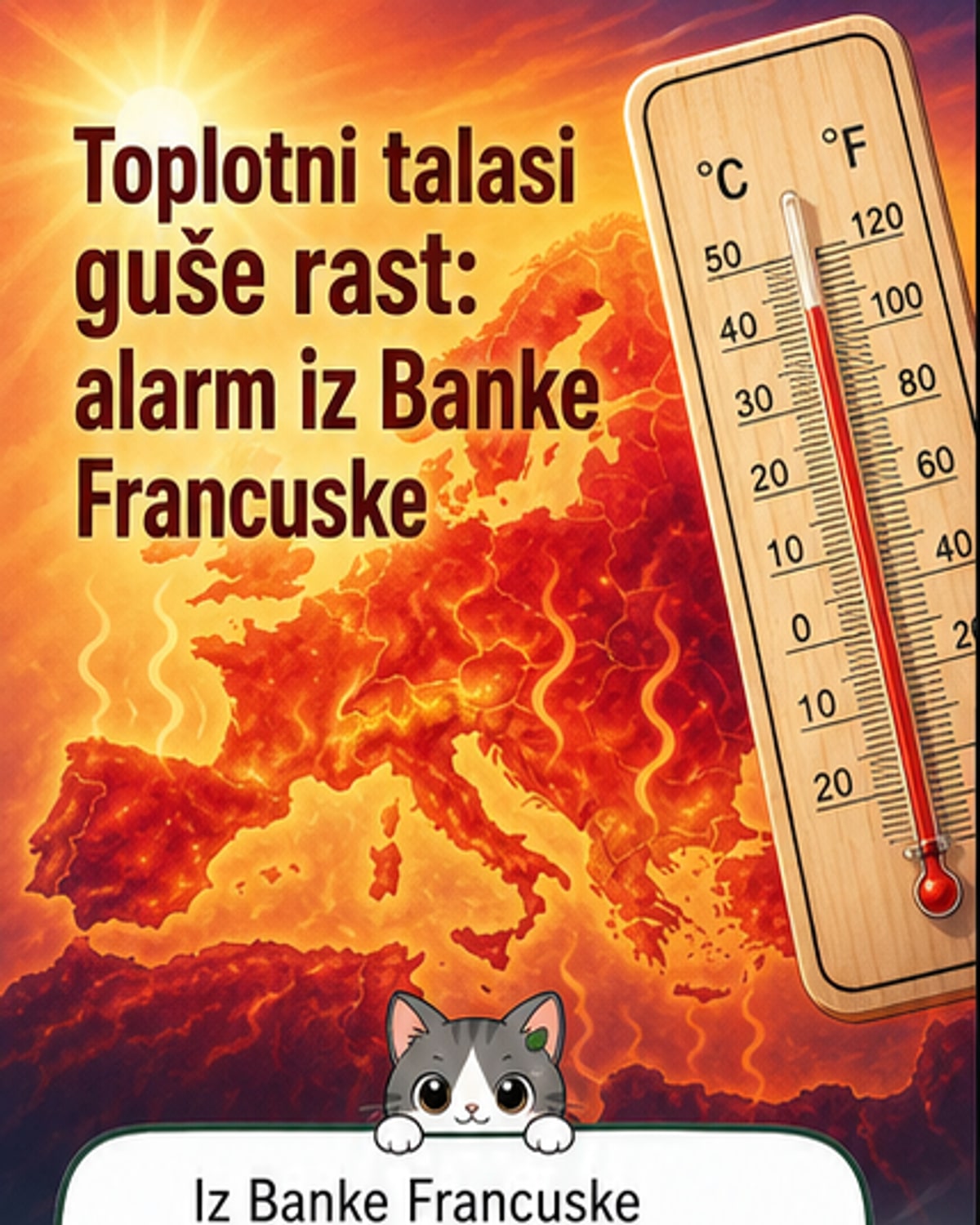 Ilustracija francuskog grada ispod vruće sunčeve lopte, sa ljudima u hlađenju, električnim mrežama pod opterećenjem i građevinama u pozadini.