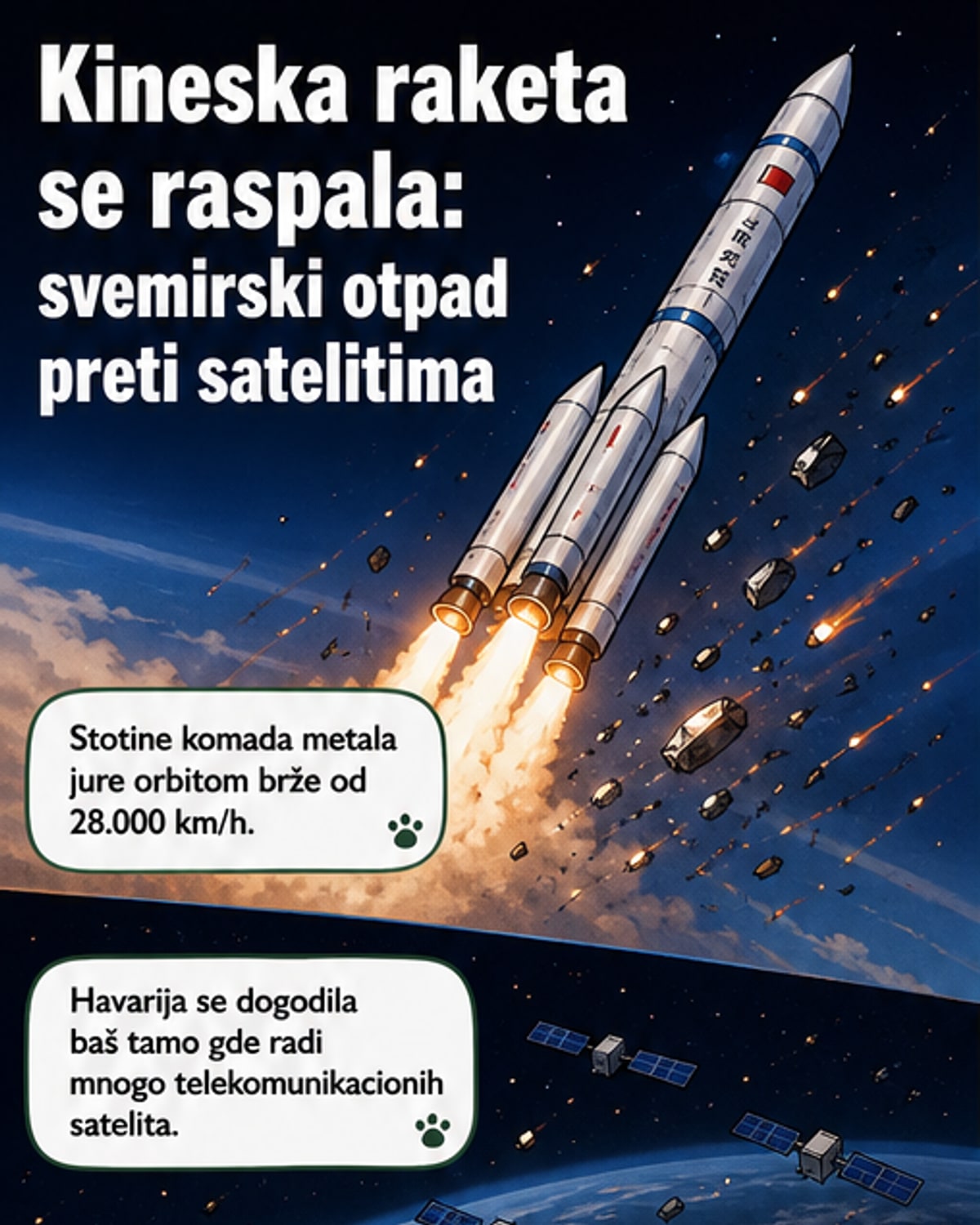 Илустрована сцена распада кинеске ракете у орбити, са хиљадама комадића метала који се шири у свемиру, док сателити покушавају да избегну сударе.