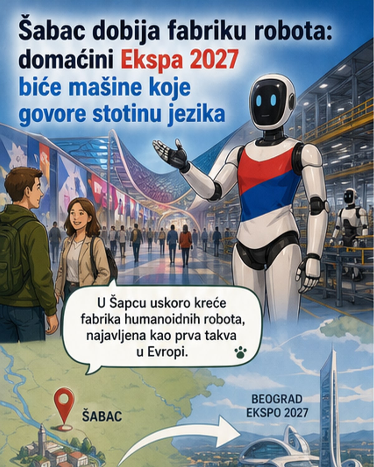Илустрација хуманоидног робота у националној ношњи, са флагом Србије, испред модерне фабрике у Шапцу, у припреми за Експо 2027.