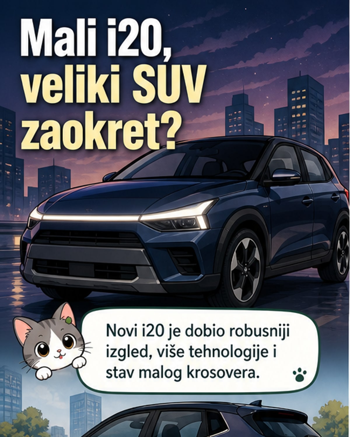 Novi Hyundai i20 u sivom izdanju, sa SUV stilom, širokim LED trakama i alu-felnama, parkiran na asfaltu uz prirodnu pozadinu.