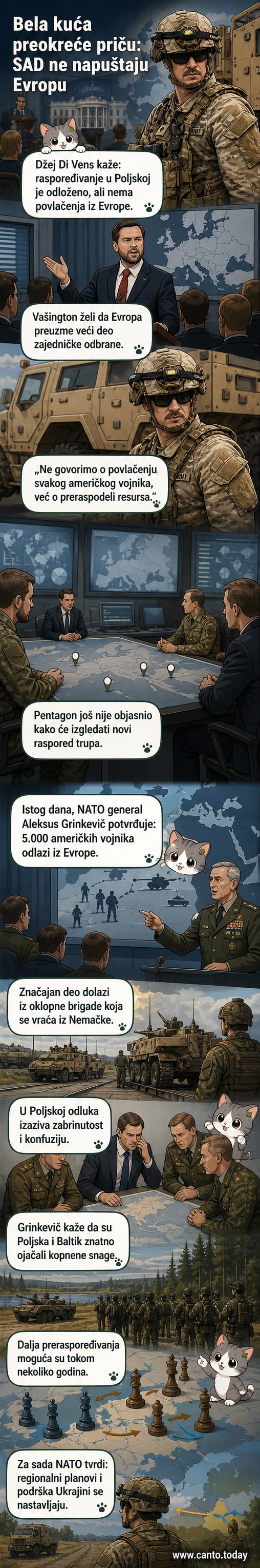 Амерички војник у борбеној опреми стоји испред карте Европе, са црвеним и плавим тачкама које означавају распоред трупа.