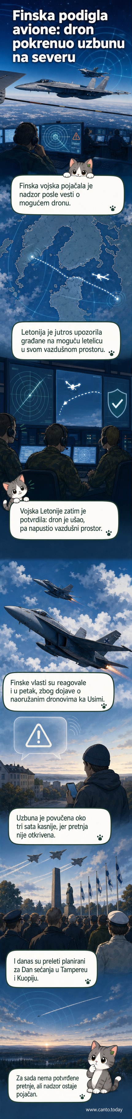 Илустрација: фински борбени авион у лету изнад снега, док се у даљини види сенка дрона у близини руске границе.