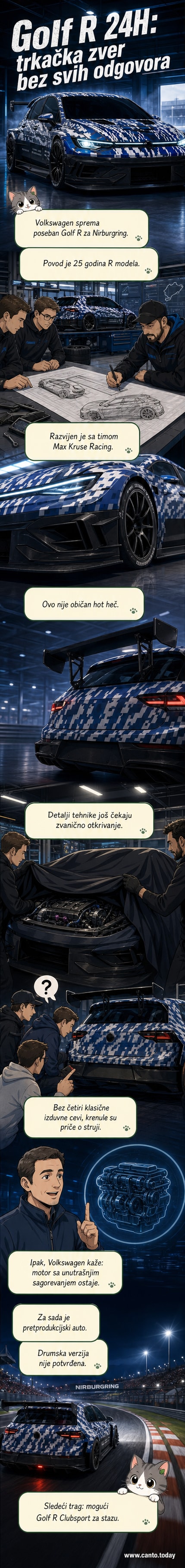 Претпродукцијски модел Volkswagen Golf R 24H у агресивном тркачком дизајну са масивним задњим крилом, проширеним blatobranima и уклоњеним задњим стаклом, приказан на позадини Нирбургринга.