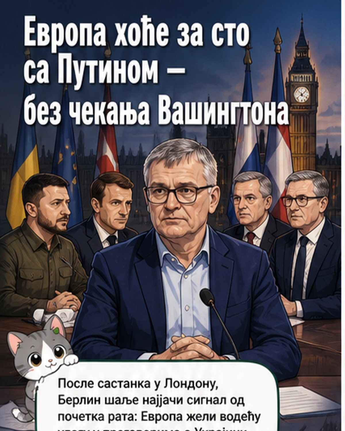 Илустровани приказ европских лидера (Макрон, Мерц, Стармер, Зеленски) како се састају у Лондону око мапе Украјине, док се у позадини види Кремљ и Белая хуза.