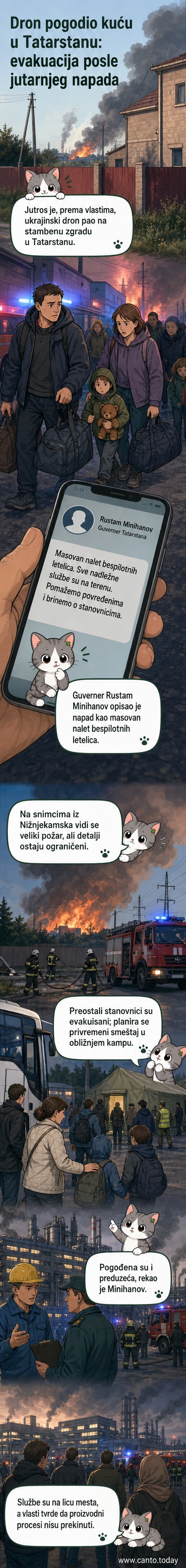 Пожар у стамбеној згради у Нижњекамску након што је погодила украјинска дрон, са димом и оштећењем фасаде.