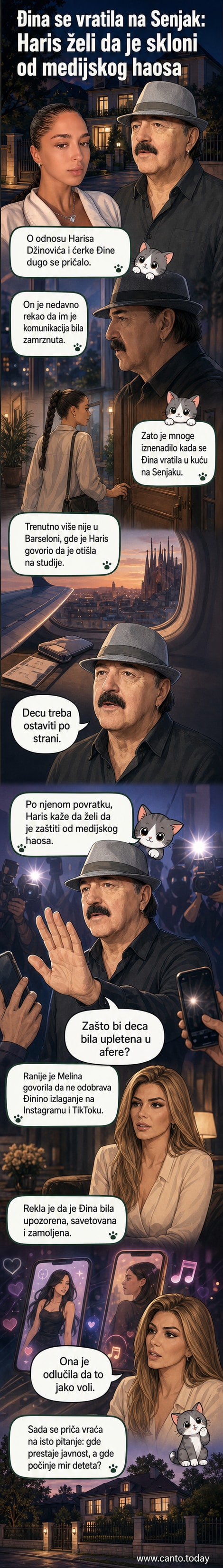 Ilustracija Harisa Džinovića i njegove ćerke Đine, sa simbolima društvenih mreža i medijskog pritiska u pozadini