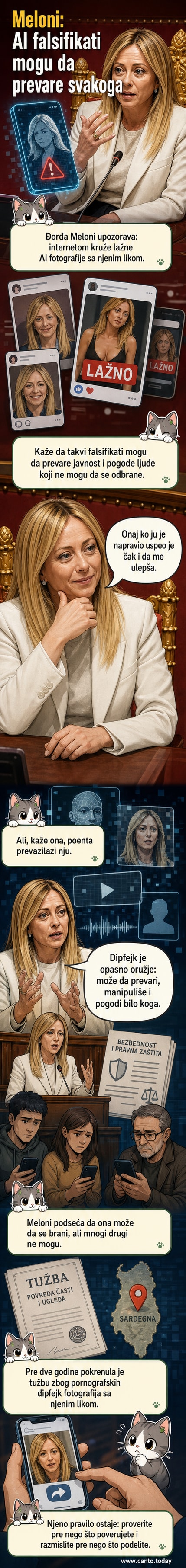 Ilustracija političara sa njenim likom koji gleda u ekran sa lažnom verzijom sebe napravljenom pomoću veštačke inteligencije.