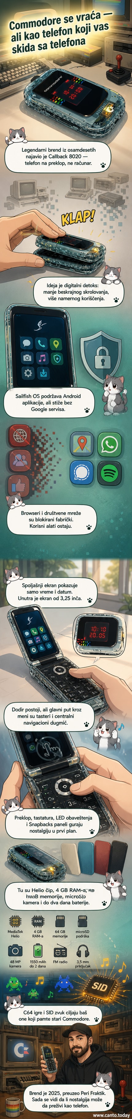 Ретро телефон на преклоп у беж боји са малим спољашњим екраном и физичком тастатуром, са логотипом Комодор на спољашњој страни.