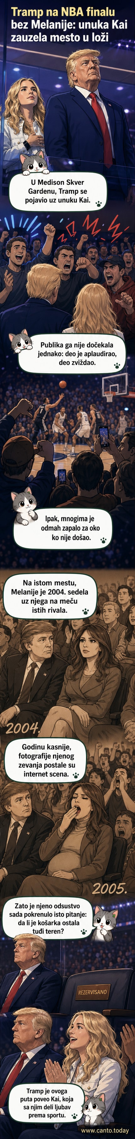 Donald Tramp i njegova unuka Kai sede u prvim redovima na NBA utakmici u Medison Skver Gardenu, okruženi navijačima.