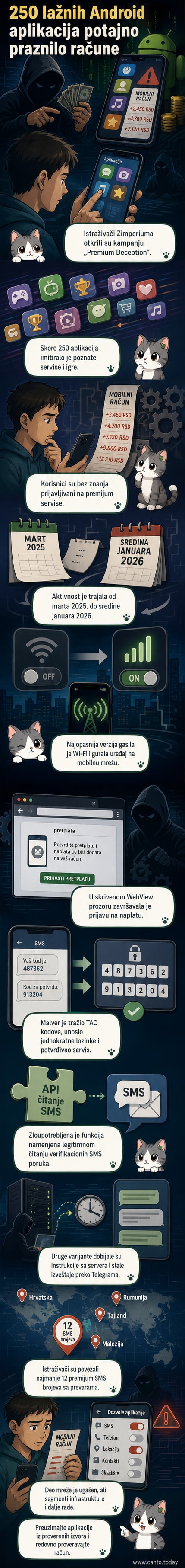 Илустрација мобилног телефона са апликацијама које симулирају познате сервисе, док се у позадини приказује скривени процес наплате преко мобилног рачуна.