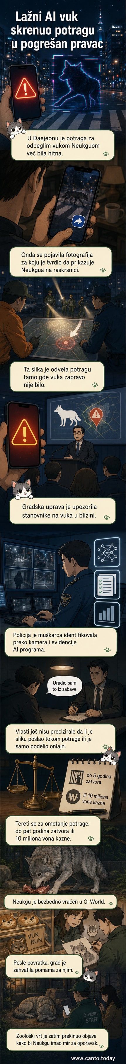 Илустрација: AI-генерисана слика вука на улици у корејском граду, док полиција претражује подручје, а људи гледају у страху.