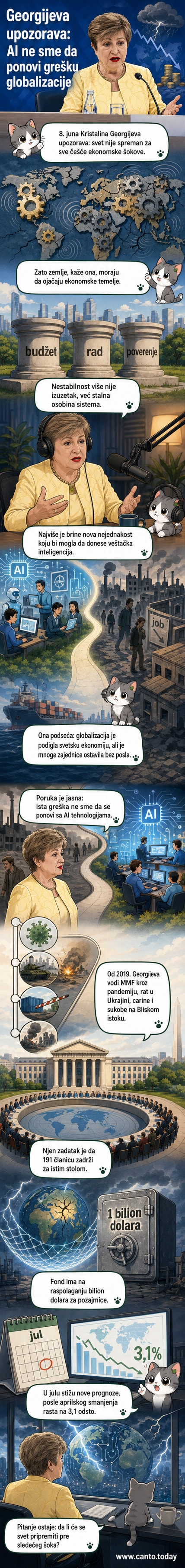 Ilustracija Kristaline Georgijeve, izvršne direktorke MMF-a, kako stoji ispred grafičkog prikaza padajućih ekonomskih indikatora i simbola veštačke inteligencije, sa pozadinom koja prikazuje globalne nesigurnosti.