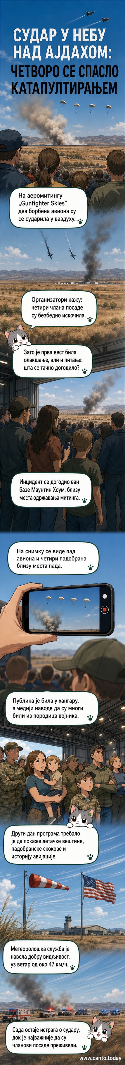 Илустрација ваздушног судара два авиона током аеромитинга, са падобраном пилота у паду изнад отвореног простора.