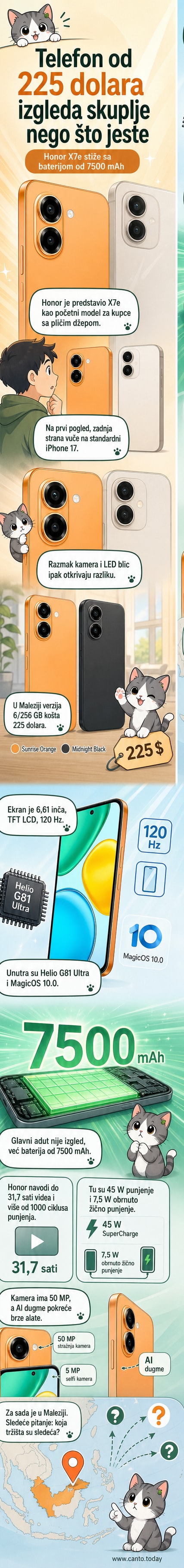 Pametni telefon Honor X7e u boji Sunrise Orange, sa vertikalnim modulom kamere koji podsjeća na iPhone 17, prikazan na beloj pozadini.