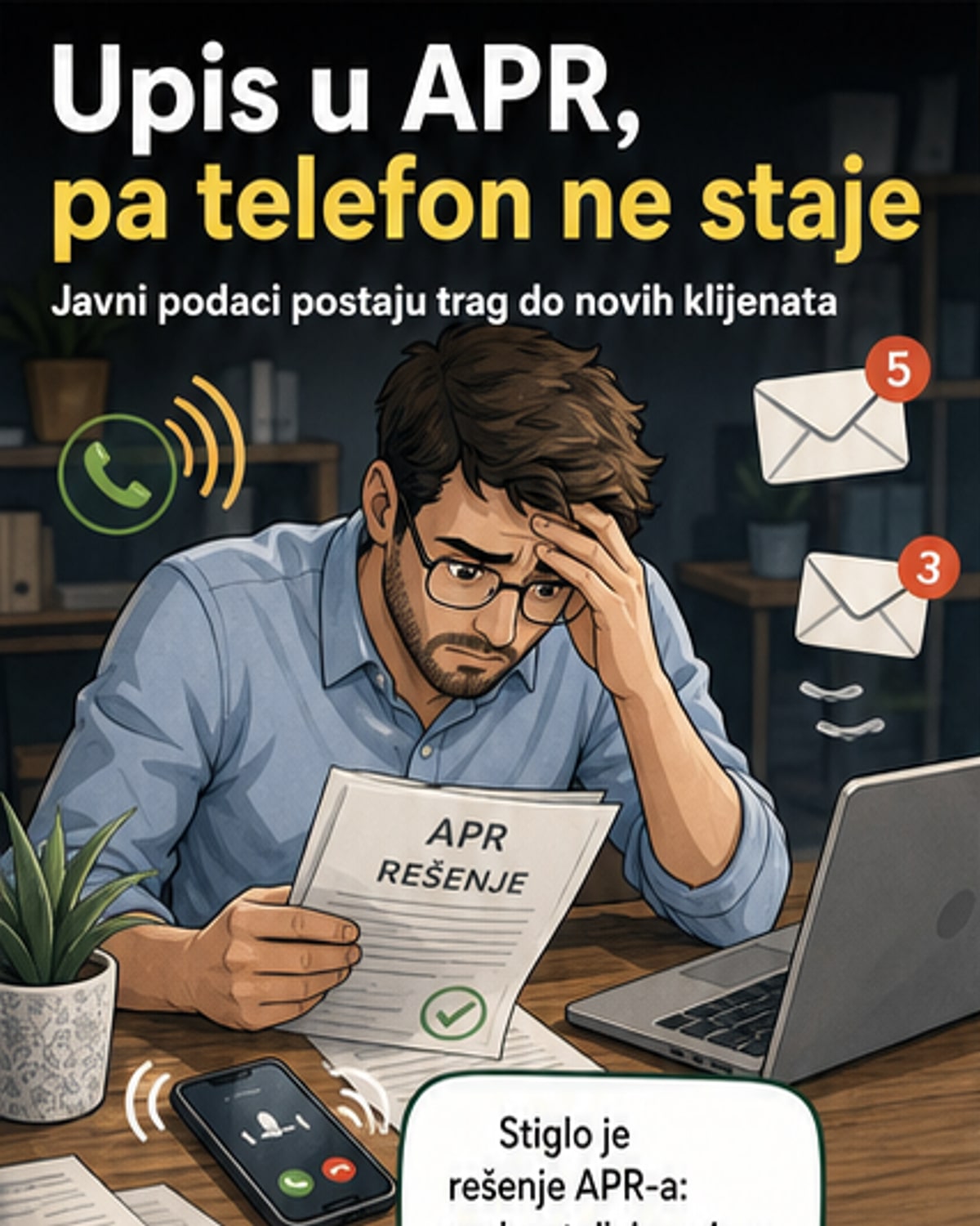 Илустрација новог привредника који добија бројне позиве и поруке од банака и услужних агената након уписа у APR.