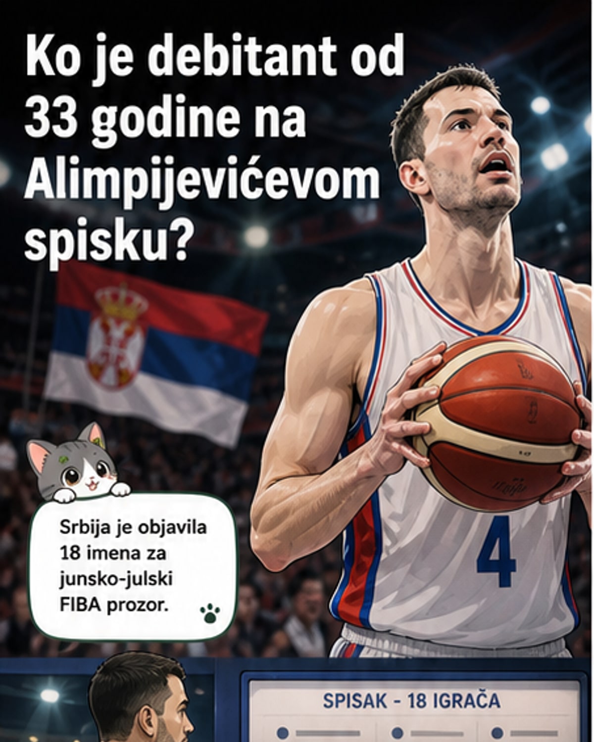 Кошаркашки тренер држи листу играча, док се у позадини виде силикете кошаркаша у акцији, укључујући и Страхинју Гавриловића у дресу Игокее и репрезентације.