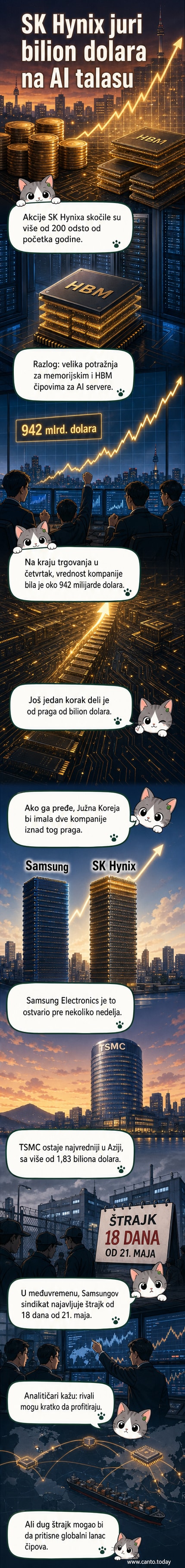 Ilustracija čipa sa sjajem i grafikonom rasta tržišne vrednosti SK Hynix-a koji se približava bilionu dolara, uz simbole veštačke inteligencije i rastuću krivu na pozadini.