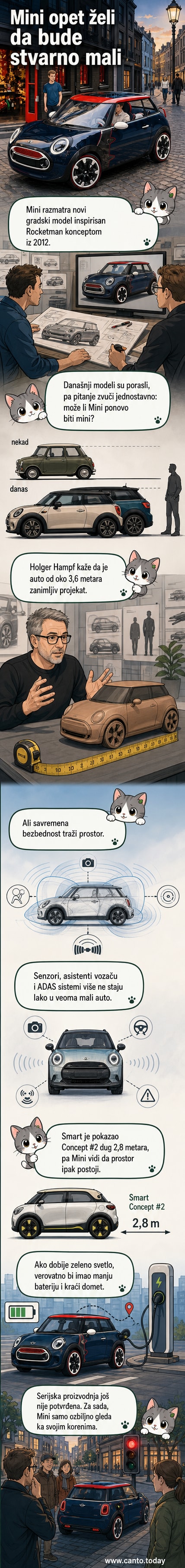 Ilustracija budućeg Minija u kompaktnim dimenzijama, inspirisana starih koncepta, parkiranog u gradskoj sredini.