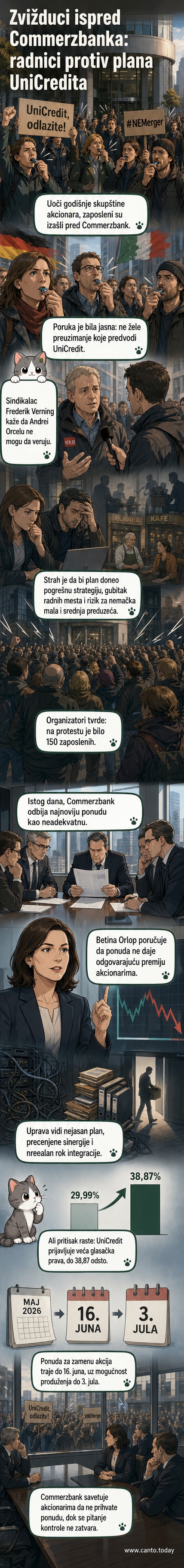 Група запослених испред зграде банке држи транспаренте са порукама против спајања са УниКредитом, док неки дувају у пишталјке.