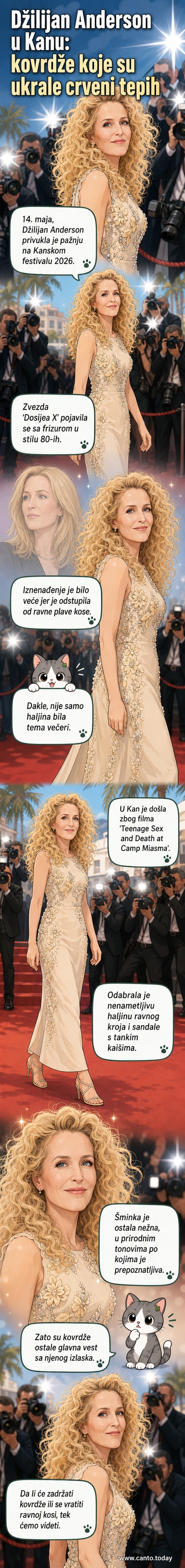 Džilijan Anderson na crvenom tepihu Kanskog filmskog festivala 2026. godine, sa kovrdžavom kosom u stilu 80-ih, u elegantnoj haljini do gležnjeva i sandalama s tankim kaišićima.