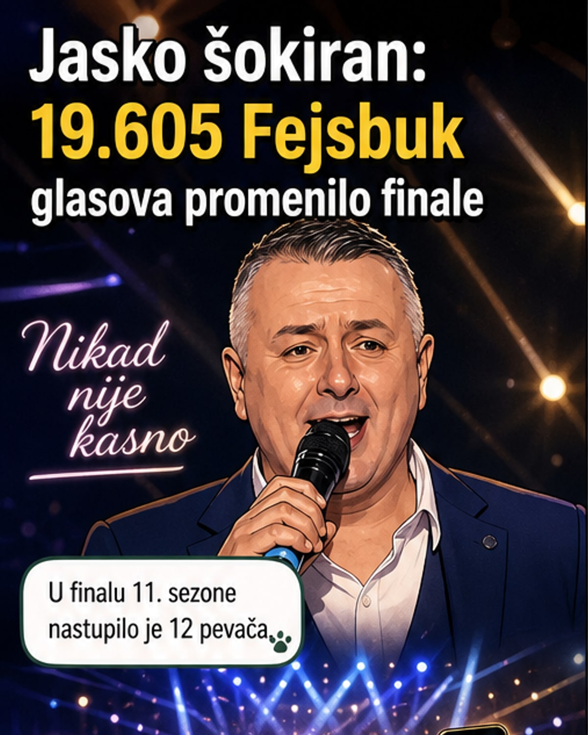 Победник 'Никад није касно' Јасмин Селмановић Јаско у тренутку проглашења победе, са бројем гласова приказаним на екрану.