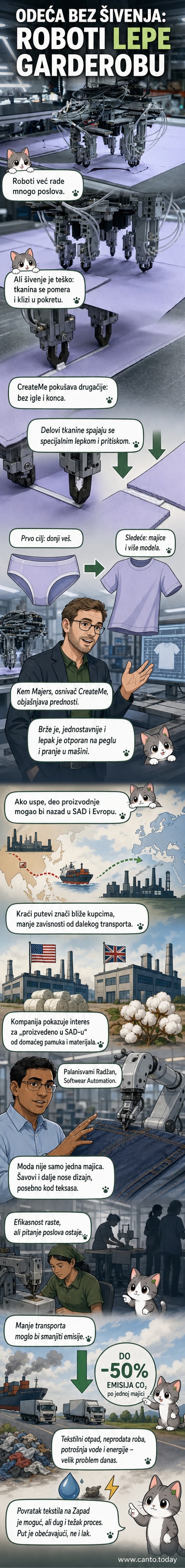 Роботска рука спаја делове тканине користећи лепак уместо шавова, у фабричком окружењу са модерном одећом на приказу