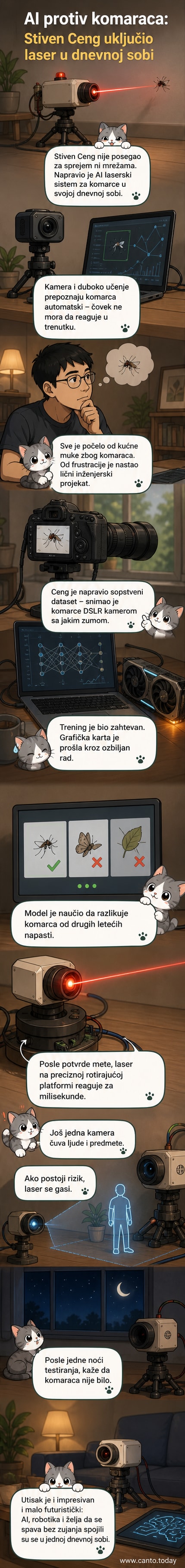 Ilustracija AI sistema sa kamerom i laserom koji cilja komarca u dnevnoj sobi, dok čovek mirno sedi na sofi.