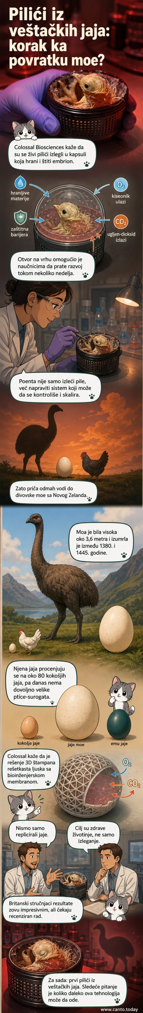 Вештачко јаје са прозирном 3D штампаном љуском, у коме се развија пилић; поред њега илустрација дивовске моа и њеног јајета.