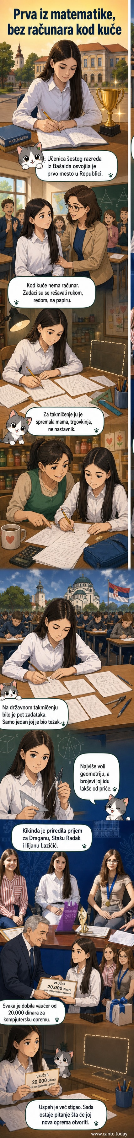 Девојчица пише математичке задатке оловком на папиру, у скромној соби без рачунара.