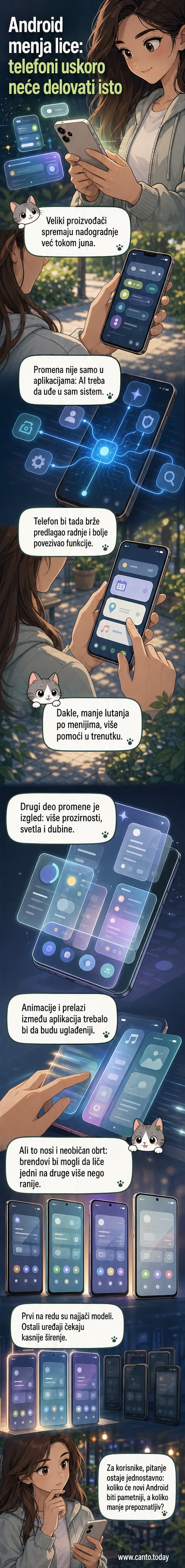 Ilustracija koja prikazuje Android telefon sa osveženim interfejsom, transparentnim efektima i AI ikonom na ekranu.
