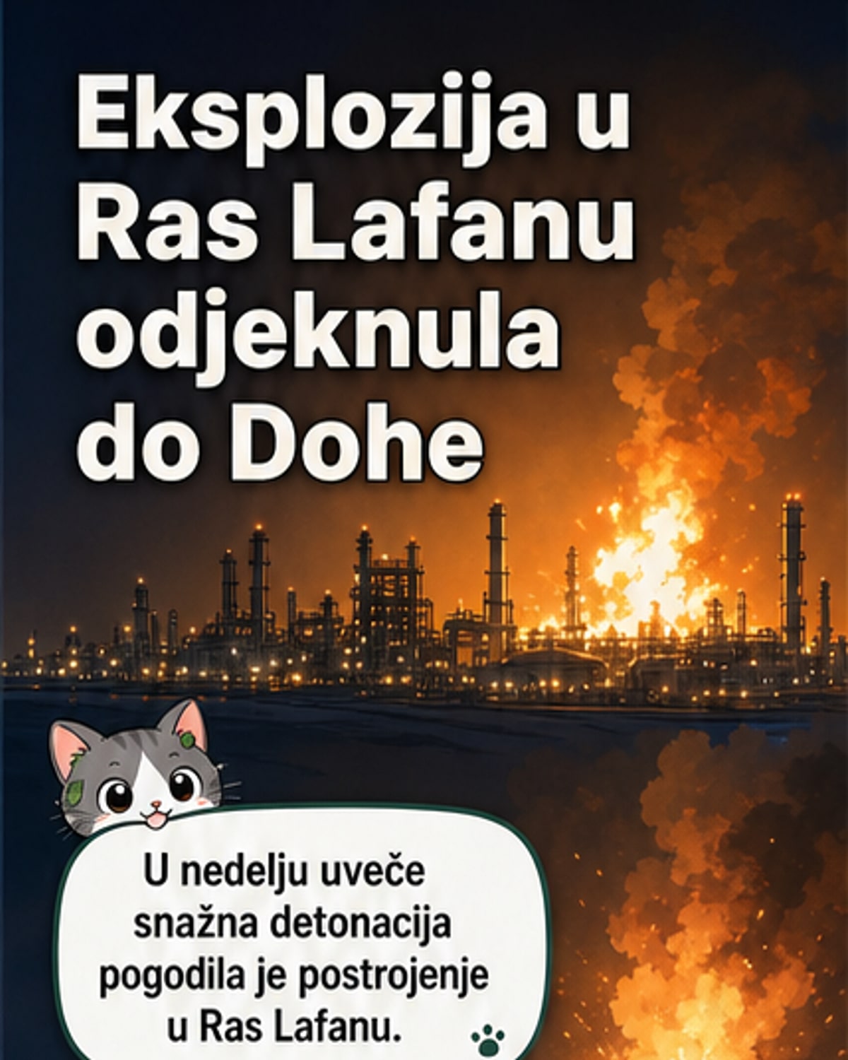 Noćno snimak eksplozije u industrijskom postrojenju Ras Lafan u Kataru, sa plamtećim tornjevima i dimom na horizontu.